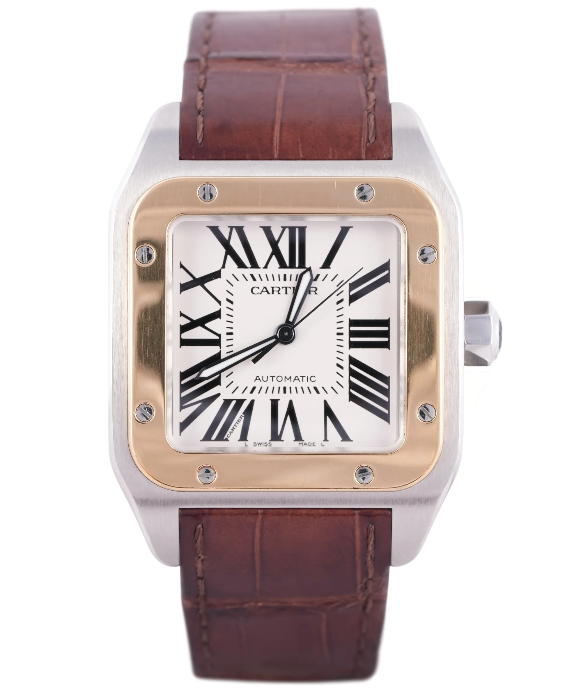 Cartier Santos 100, Ref. W20072X7 2656, silver dial, 18K Gold and Steel case luxury watch