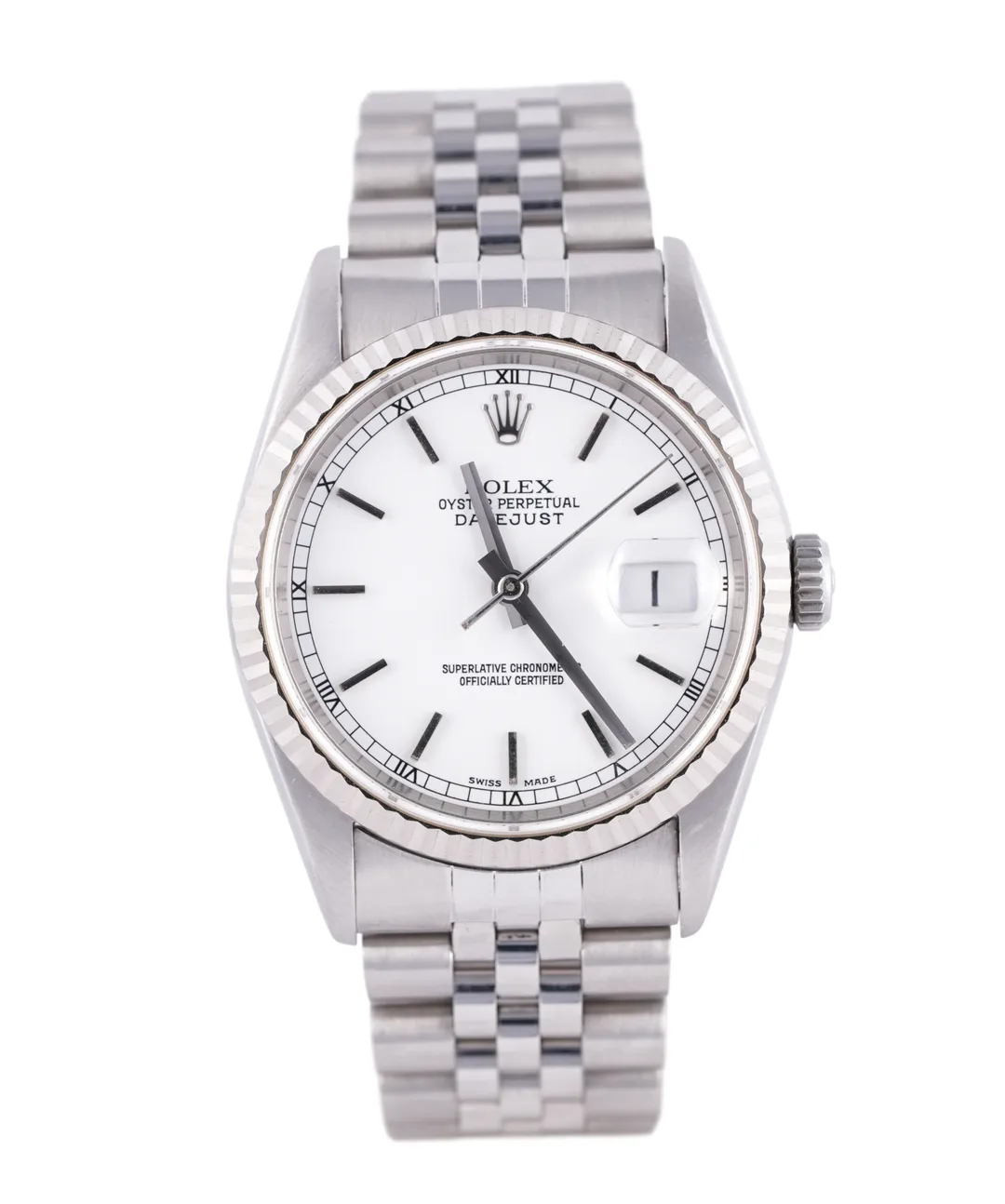 Rolex Datejust, Ref. 16234, white baton dial, 18K White Gold and Steel case luxury watch