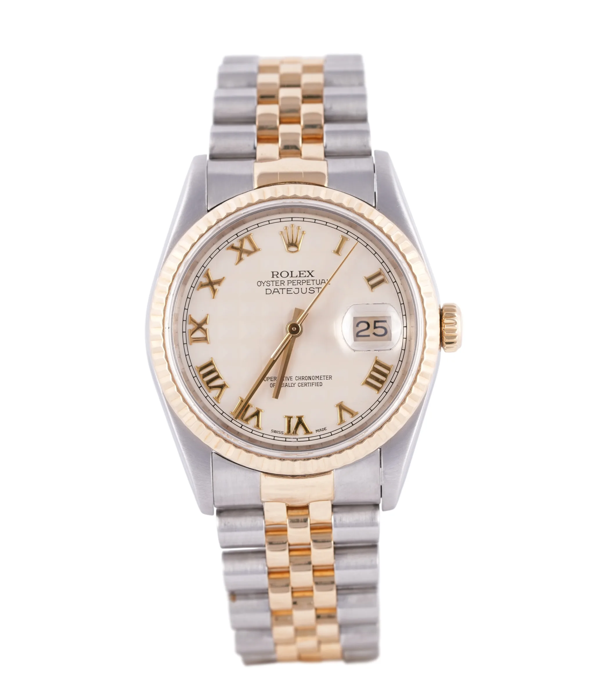 Rolex Datejust 36, Ref. 16233, ivory pyramid dial, 18K Gold and Steel case luxury watch
