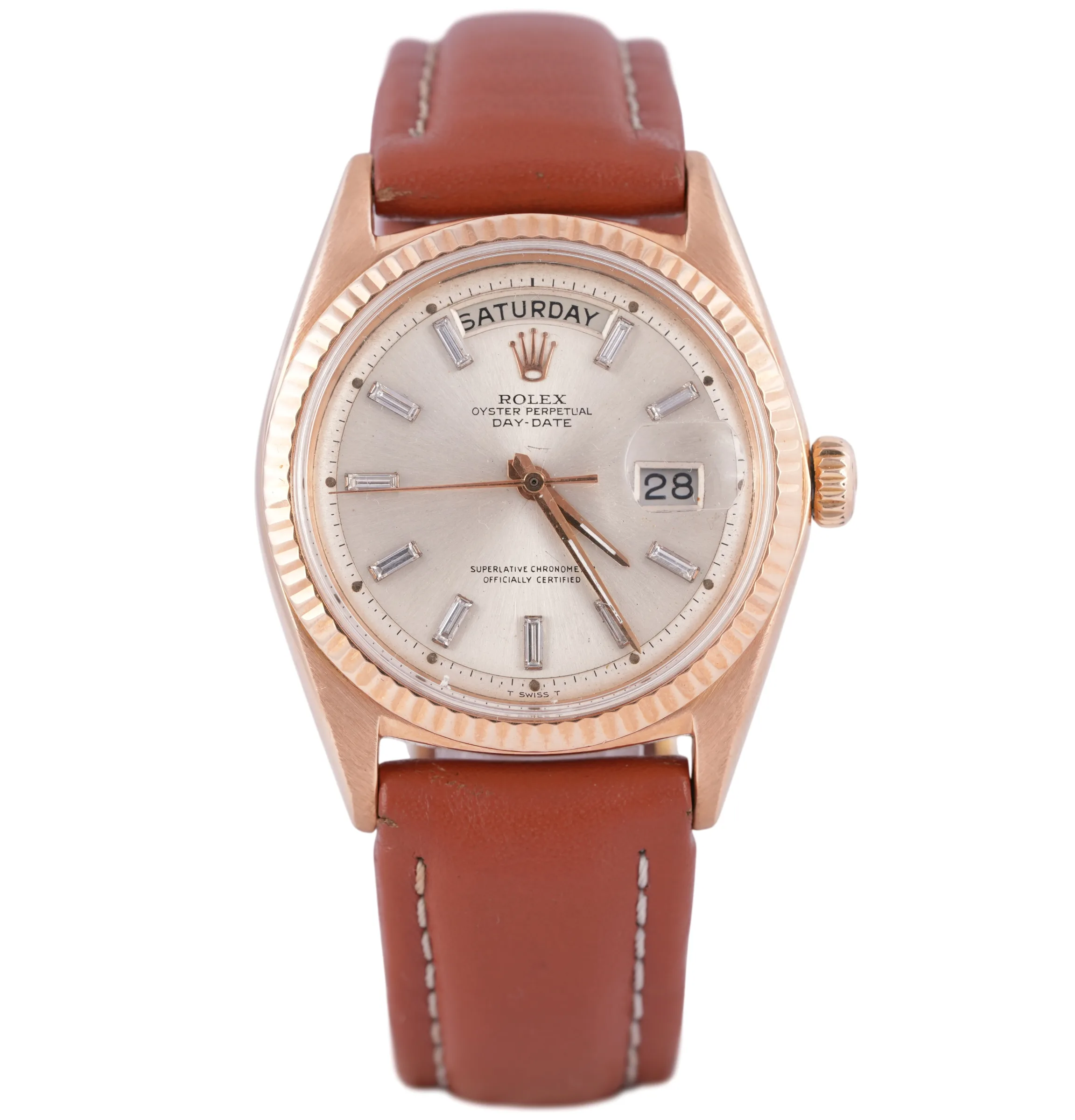 Rolex Day-Date, Ref. 1803, baguette diamond dial, 18K Rose Gold case luxury watch
