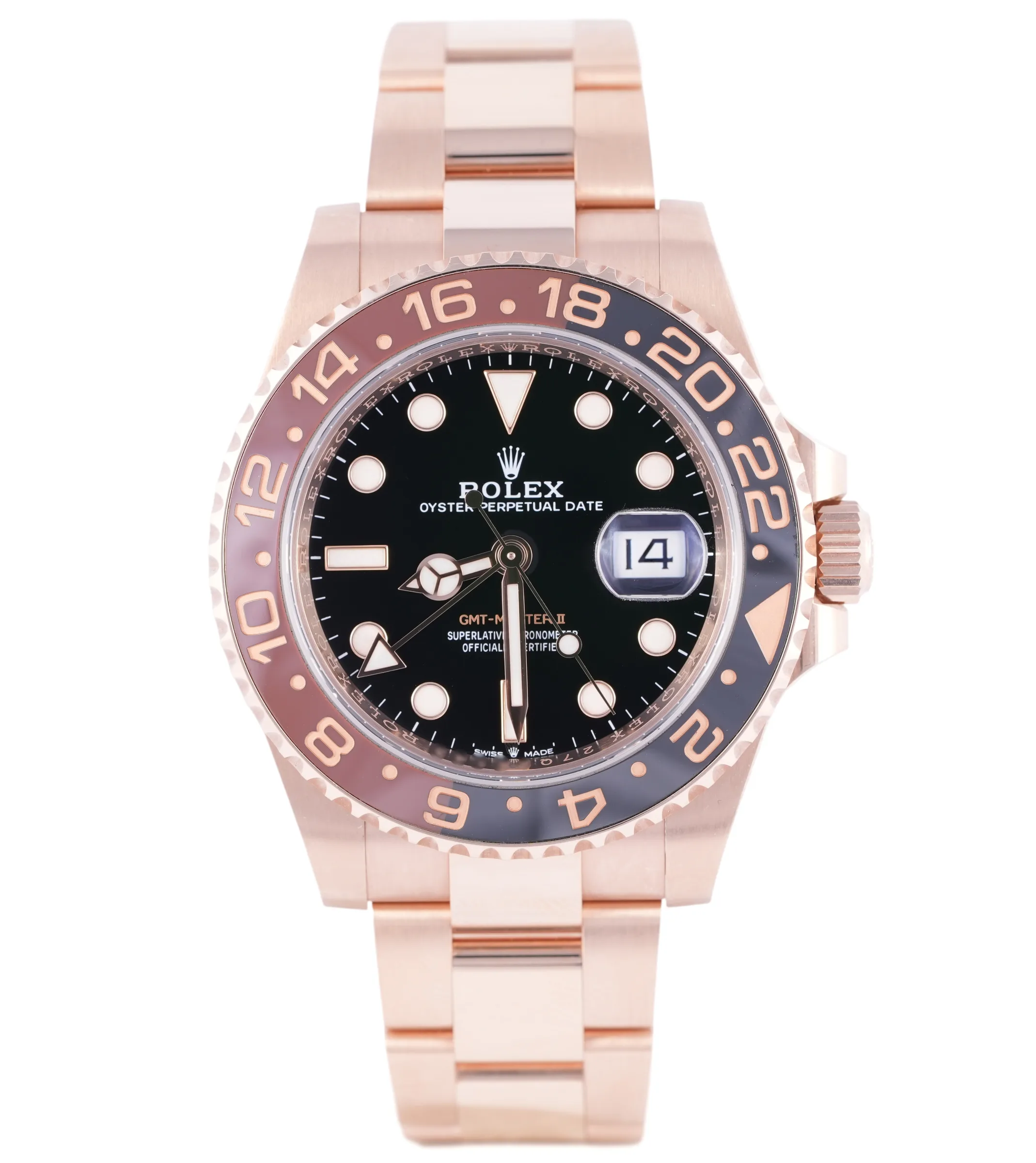 Rolex GMT-Master II 'Root Beer', Ref. 126715CHNR, black dial, 18K Rose Gold case luxury watch