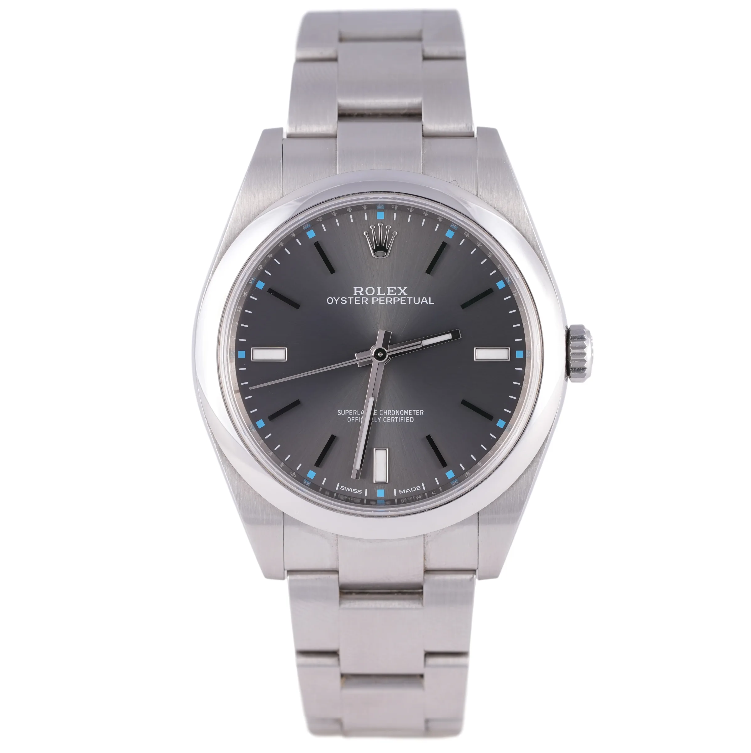 Rolex Oyster Perpetual 39, Ref. 114300, rhodium dial, Stainless Steel case luxury watch