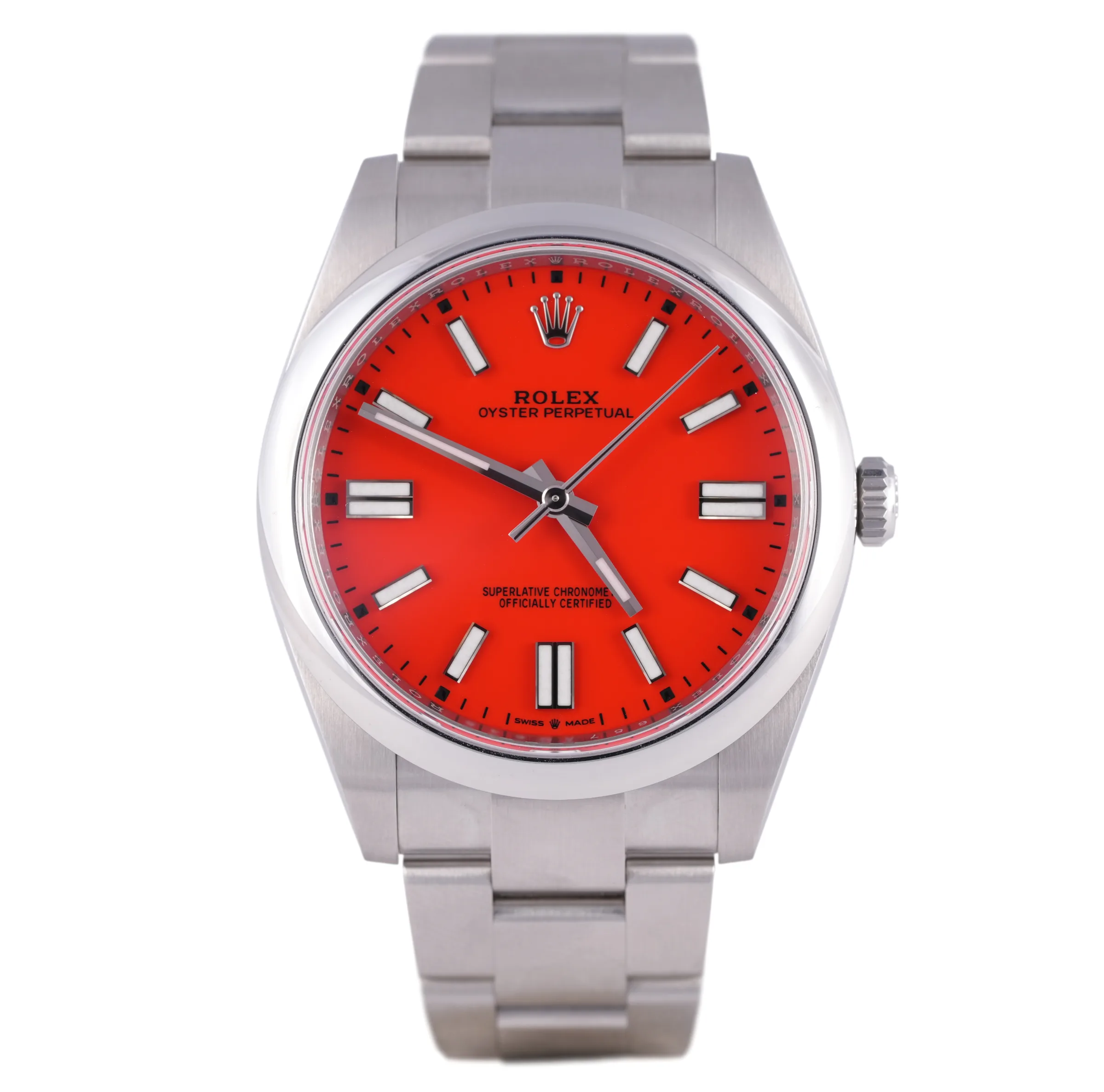 Rolex Oyster Perpetual 41, Ref. 124300, coral red dial, Stainless Steel case luxury watch