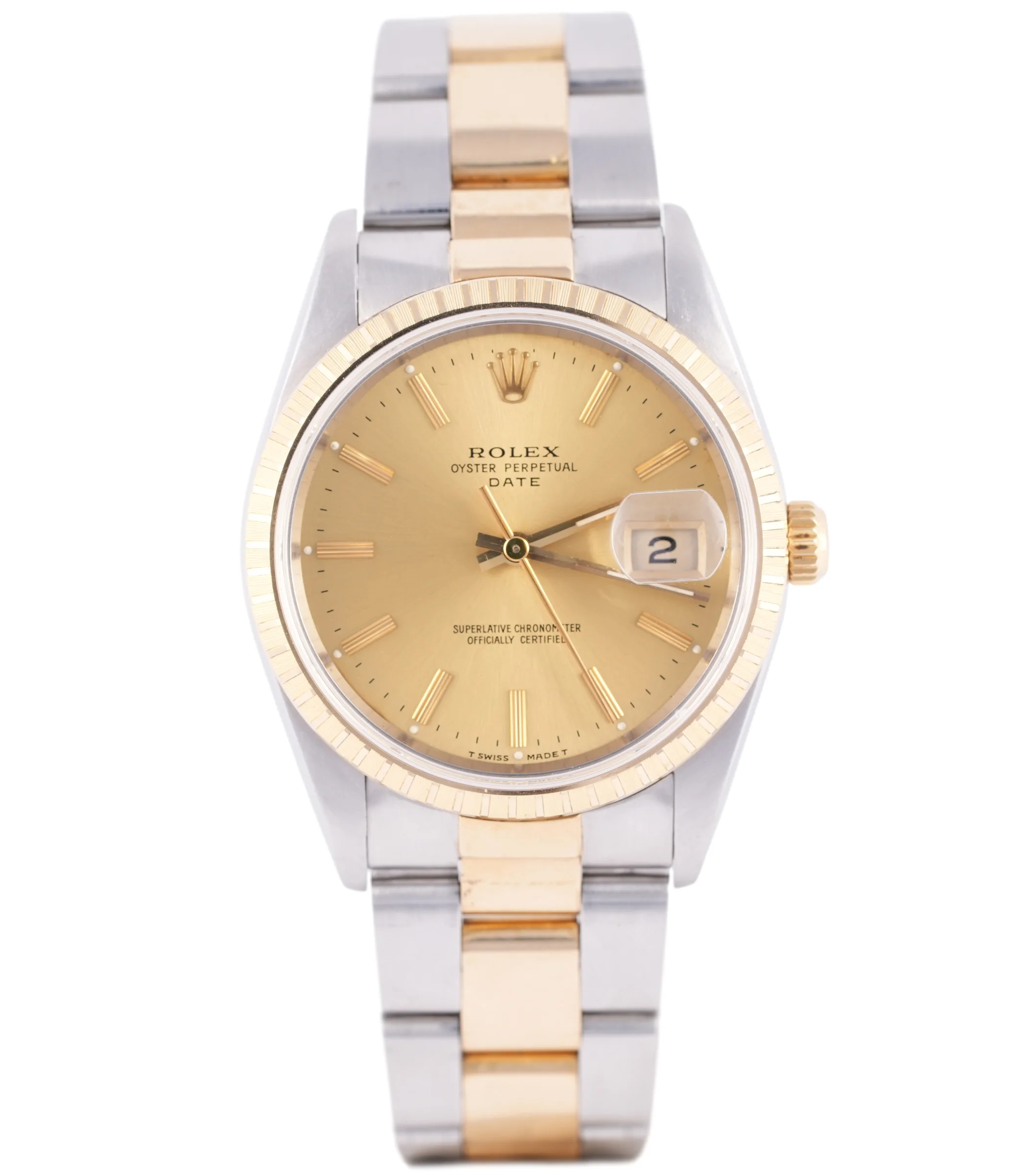 Rolex Oyster Perpetual Date, Ref. 15223, champagne dial, 18K Gold and Steel case luxury watch